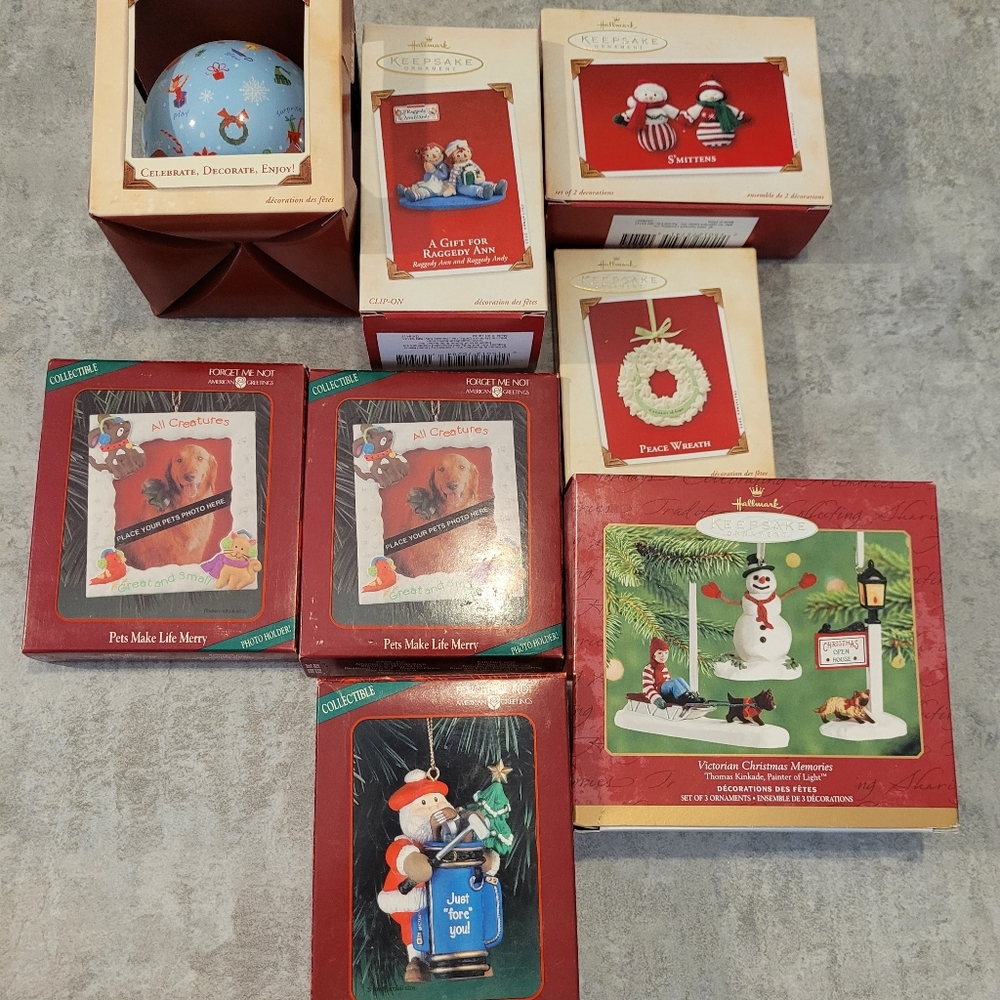 8- Holiday Ornaments. 5 Hallmark Keepsakes.  3 Forget Me Not American Greetings.